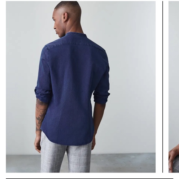 Reiss Caffrey Textured Grandad Collar Shirt Denim Navy Blue M - Picture 4 of 13